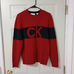 Calvin Klein Men’s Sweater Red Black CK Logo Pullover Crew Neck Knit Casual Sz S